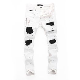 Plein beer witte heren jeans klassieke mode pp man denim broek rock star fit heren casual ontwerp gescheurde jeans verontruste magere motorrijder doek passende broek 157502