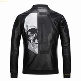 Plein-merk heren PP Skull Borduurwerk Leather Bont Jacket Dikke honkbal kraagjas jas simulatie motorfiets racepak 898