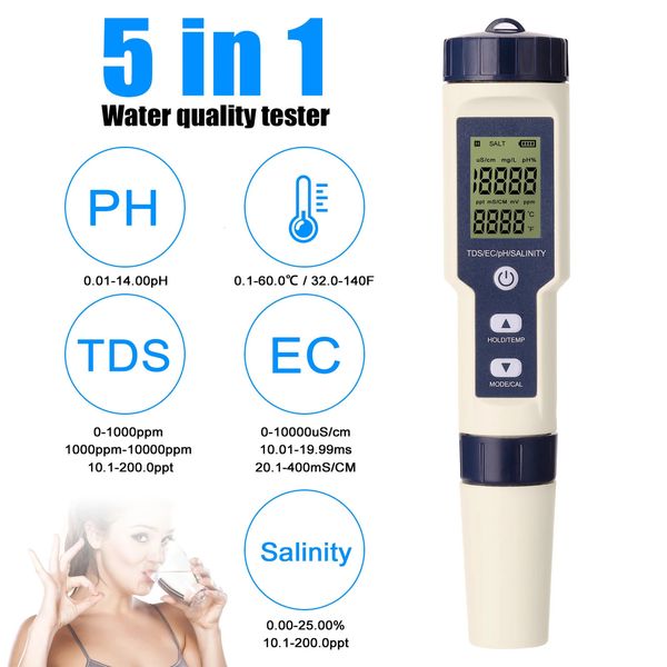 Pinces 5 en 1 détecteur numérique de qualité de l'eau PH/EC/TDS/salinité/test de température compteur multi-fonction testeur de qualité de l'eau moniteur 231122