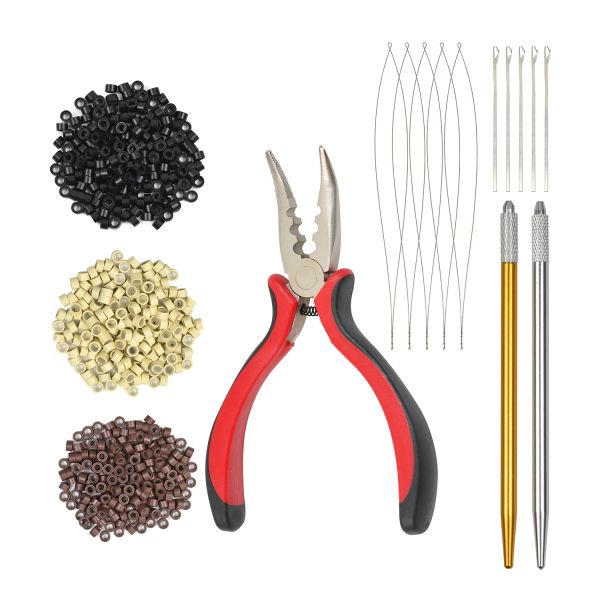 Kit d'outils pour Extensions de cheveux, 3 trous, pince à cheveux, enfile-aiguille, crochet de traction, aiguille, 600 pièces, Micro anneaux, maillons, perles