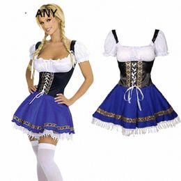 plue maat S -XXXL echte foto's dames Duits blauw zwart wit Oktoberfest bier meid Dirndl Wench Fancy Dr kostuum 366v #