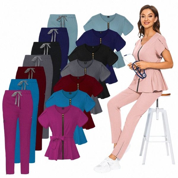 Plug Taille Esthéticienne Tops + Pantalons Col V Couleur Unie Femmes Uniforme Médical À Manches Courtes Spa Uniforme Infirmière Vêtements Médecin Workwear Z6GN #