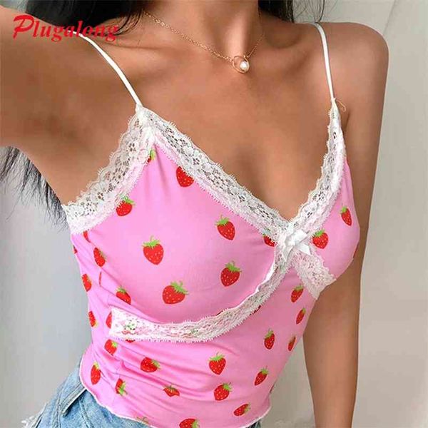 Plugalong Strawberry Print Y2K Tops d'été mignons pour femmes dentelle Cami Deep V-Cou Femmes Crop Tank Harajuku Korean Clothes Club 210401