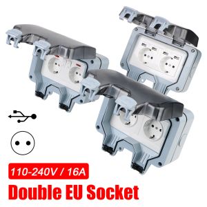 Enchufes 16a El enchufe de alimentación de alimentación de la corriente doble de la UE Socket AC 110 ~ 240V Al aire libre Socador de energía para la pared para el jardín del hogar IP66 PRUEBA