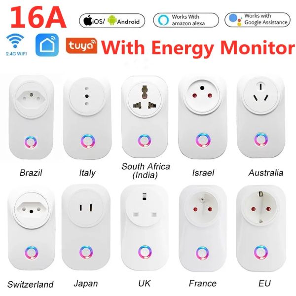 Plugs 16a tuya wifi smart plug eu brazil puissance énergétique moniteur de moniteur vocal timming sortie pour Alexa Yandex Alice Google Home