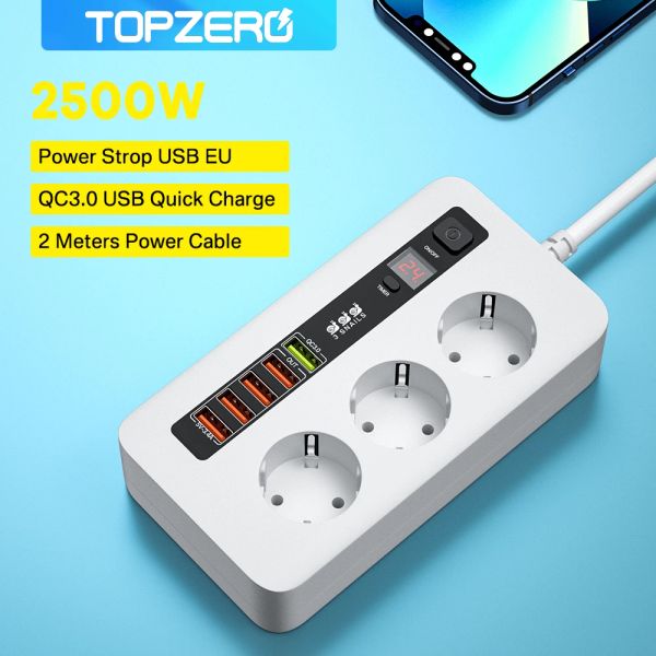 Plugs 2500W Timer Smart Electricy Socket Power Stand Extension Cable avec commutateur Home Office Surge Protector 3 AC SORT avec 5 USB