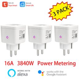 Plugs 3 paquete Tuya 16a Power Meterting WiFi EU Smart Plug Surger Protection Trabajo con Alexa Google Voice Control Smart Life Control