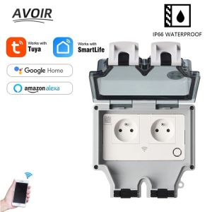 Plugs OVoir Tuya Power Power Socket IP66 OUTDOOR WiFi Smart Areprofof Box Smart FR Wall Plug Socket With Timer Home Appliance 220V