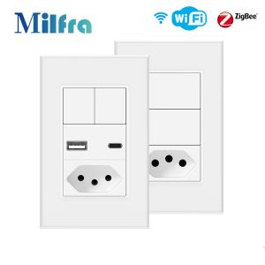 Plugt Brazil Smart Switch Socket Tuya WiFi / Zigbee 2 Gangknop Smart Light Switch Outlet Voice Control Work voor Alexa Google Home