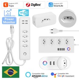 Plugs Brasil Tuya Smart Home Zigbee Wifi Smart Socket Socket Monitor Home Appliance Outlet Power Strip Control para Alexa Google