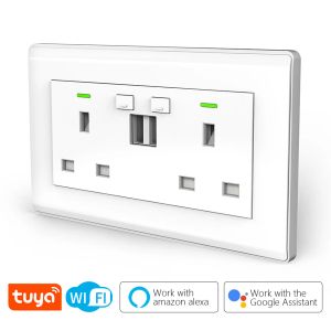 Plugs CBE UK TUYA Wifi Socket Double USB Ports Charger 10A Smart Wall Plug Work con Alexa Google Home Voice Ontrol