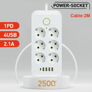 Sluit de EU -plug uit stopcontacten Stroomstrook met verlengsnoer USB Type C PD -poorten Elektrische Sockets Multiprise Smart Home Round Pin AC -adapter