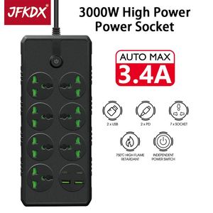 Pluggen JFKDX UK US EU -plug 3000W High Multispecification Power Strip 7 AC Socket 2m Extension Cable 2 USB Type C PD Fast Laying Port