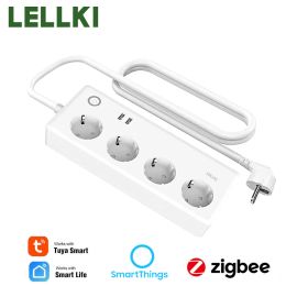 Plugs Lellki Zigbee Power Strip Tuya Smart Life Switch Pild électrique Socket Zigbee2MQTT Extension Corche 1.8 avec Alexa SmartThings