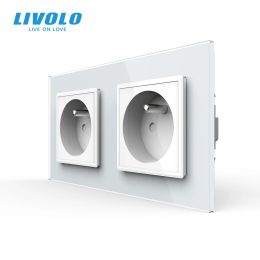 Plugs Livolo 16A Norme française, Mur électrique / puissance double socket / bouchon, panneau en verre en cristal, C7C2FR11 / 12/13/15