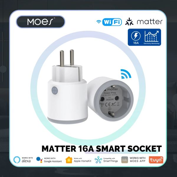 Plugs Moes Smart Plug Matter WiFi Socket 16A Smart Timer Outlet Power Monitor Support Tuya Apple Homekit Travail avec Google Home Alexa