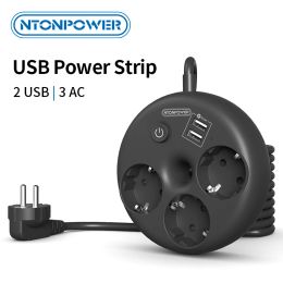 Pluggen NtonPower EU -plugvermindering met 2 USB -poorten Extension Cord Electrical Multical Multical Smart Socket voor Travel Home Phone Charge