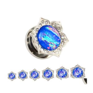 Pluggen tunnels 6 stks/set mix kleur vuur opaal steen oor blauwe bloem tunnel kristal sier chirurgisch stalen piercing expander 2233 drop de dhoxe