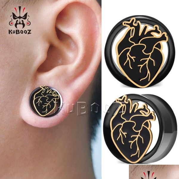 Bouchons tunnels Kubooz en acier inoxydable noir or coeur tunnels d'oreille jauges bouchons piercing boucle d'oreille bijoux de corps civières extenseurs W Dhfi3