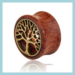 Sluitt tunnels Tree of Life Wood Oren Meters Flesh Tunnels Plugt Expander Strether Ear Piercing sieraden voor mannen Dames Drop levering Dhs0j