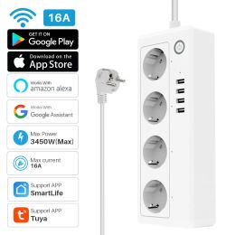 Sluit Tuya WiFi Smart Power Strip Plug 4 EU -stopcontacten met 4 USB -poort timing Voice Control werkt met Alexa Google Assistant