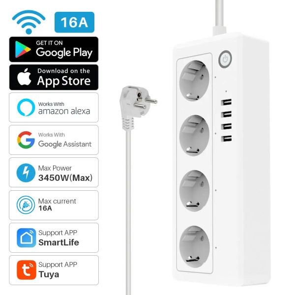 Plugs Tuya WiFi Smart Power Strip Plug 4 points de vente UE avec 4 Port USB Timing Vocal Control fonctionne avec Alexa Google Assistant