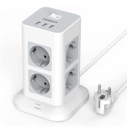 Pluggen verticale stekkersstrook meerdere toren socket piekbeschermer EU -plug met 3 USB 8 stopcontacten schakelaar 2m uitbreidingskabel thuiskantoor