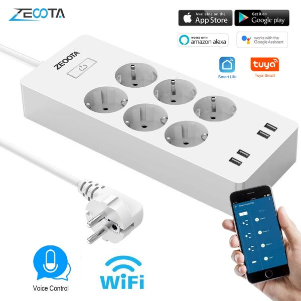 Bouchons WiFi Smart Power Strip Eu Surge Protector avec 6 voies AC Socket 4 Port USB Interrupteur de contrôle domestique compatible Alexa Google Assistant