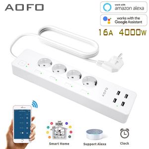 Pluggen WiFi Smart Power Strip Surge Protector met 4 Smart Plugs 4 USB Ports Extension Cord, werk met Alexa Google Assistant