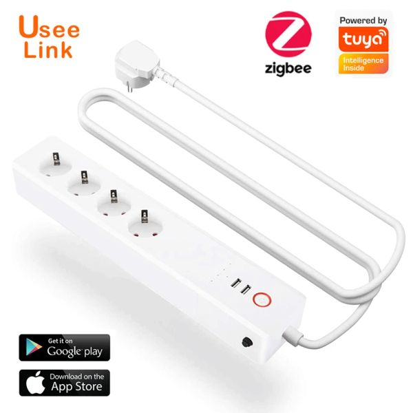 Enchufes Zigbee Smart Power Strip 16a Eu/UK, Cable de extensión de salida múltiple de la barra de potencia inteligente de UseElink con 2 USB y 4 enchufes de CA por Tuya