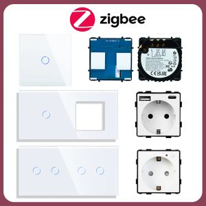 Pluggen ZigBee Switch Light Switches en Socket -functietoets Withe Glass Paneel Wandingen Diy Part Smart Home EU Standaard Need Neutral