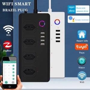 Pluggen ZigBee WiFi -plug Power Strip Extension Cord met USB Ports Home Office Voice Remote Control Smart Plug Power Socket Brazilië plug