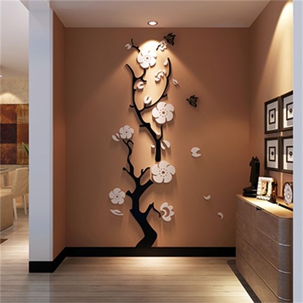 Plum Flower 3D Acrylique Miroir Stickers muraux Chambre Chambre DIY Art Décoration murale Salon Entrée Fond Décoration murale 210705