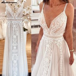 Vestido de novia bohemio Vestido 2023 Vestido Noiva Summer Una línea Boho Neck Lace Open Back Sleevele 240329