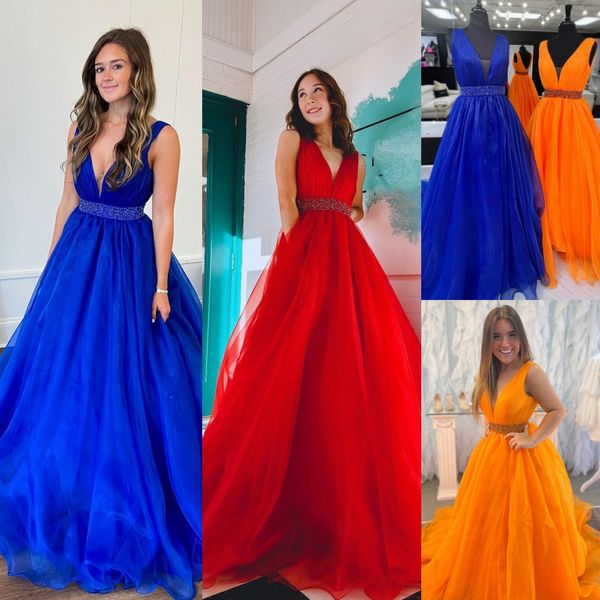 Vestido de fiesta con escote en V pronunciado 2k23 Organza naranja Desfile de dama Evento de noche formal Fiesta Pasarela Gala con gala Quince Rojo Azul real Cintura con cuentas Espalda en V