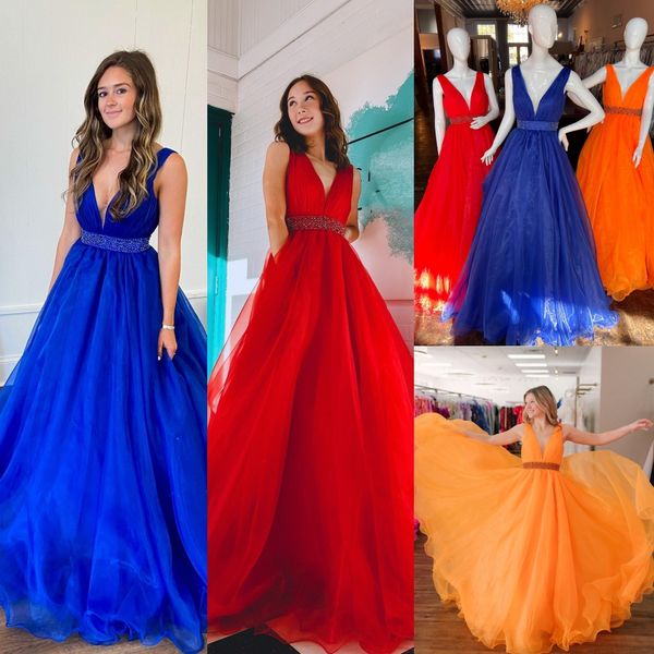 Plongeant Col En V Ballgown Robe De Bal 2k23 Orange Organza Cristal Ceinture Lady Pageant Soirée Formelle Événement Fête Piste Robe De Gala Cravate Noire Junior Senior Royal Rouge