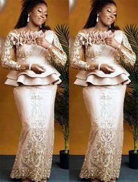 Más 2021 tamaño árabe aso ebi champagne encaje sexy madre de la novia vestidos mangas largas vaina vintage de fiesta de fiesta vestidos de fiesta formal vestidos zj355