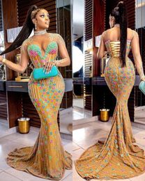 Plus 2023 Grootte Arabisch Aso Ebi Gold Mermaid Prom Dresses High Neck Lace kralen avond formeel feest tweede receptie jurken verjaardagsjurk zj114