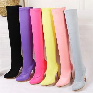 Más 3248 2024 Tamaño 523 fetiche de mujeres sobre la rodilla Botas 9.5 cm de alto tacones Stiletto Purple Yellow Long Thigh Booties Peach Red Shoes 34561