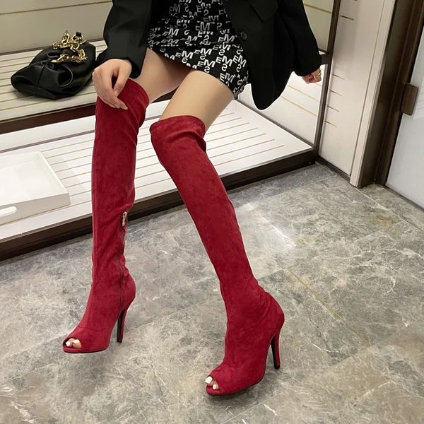 Plus 41 Sexy Women Toe Open Toe Opennes Mode Élasticité Suisse Noir Chaussures Black Automne Long Stiletto Dames Bottes