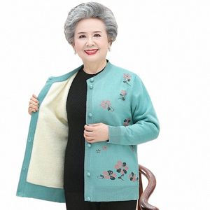 Plus 4XL Femmes Floral Impression Tricot Cardigan Manteau Mère Single-Breast Slim Pull Grand-mère Hiver Peluche Vêtements chauds C9Jm #