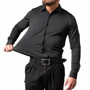 Plus 6XL Mannen Sociale Shirt Nieuwe Herfst Lente Busin Dr Shirts N-ir Casual Solid Verticale Zwart Slim Fit elastische Kleden 08WS #