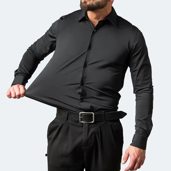 Plus 6xl Mens Social Shirt Automne Spring Business Shirts Office Occasion Solid Vertical Black Slim Fit Cabille élastique 240416
