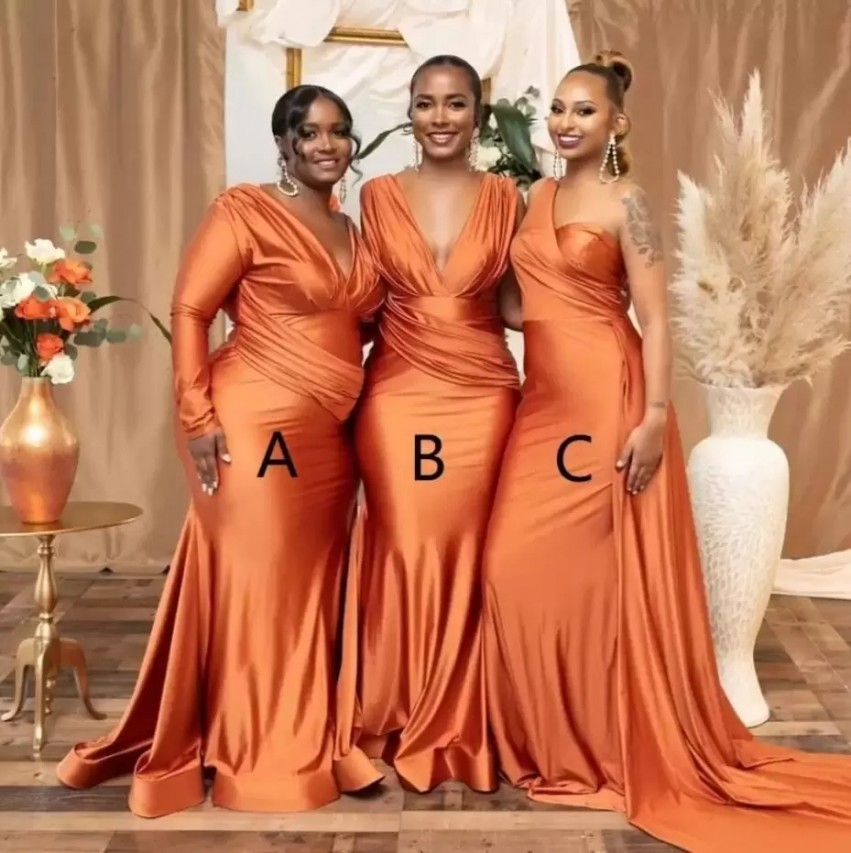 Plus afrikansk orange storlek sjöjungfru brudtärna klänningar nigeria flickor v hals ruched satin bröllop gäst klänning sexig långa piga av hedersklänningar bc11919