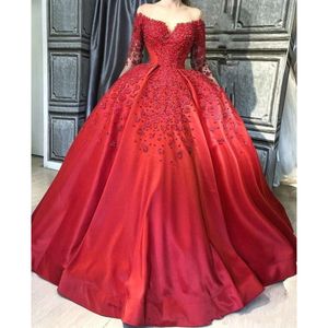 Plus elegante rode maat baljurk Quinceanera lange mouw prom -jurken met parels kanten applique formele jurk avondjurken s s