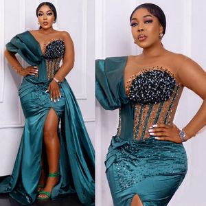 Plus Hunter Green Size aso ebi Prom Illusion Sirène High Clit Clided Baide Elegant Evening Foral Robe For Black Women Girls Birthday Party Femme Engagement Robes AM254
