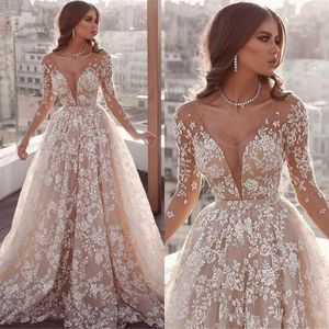 Plus nouvelle taille d'arrivée une ligne robes longues illusion manches en dentelle applique scoop cou balayage de trains robe de mariée robes de mariée pplique