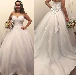 Plus nieuwe mode maat jurken lieverd boog knoop lint kanten applique mode mariage trouwjurk bruidsjurken vestidos de novia