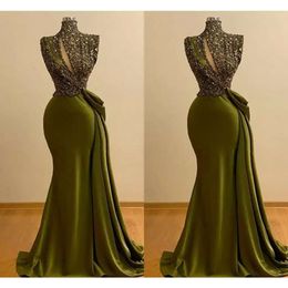 Plus olijfgrootte groene jurken avond Afrikaanse zeemeermin sprankelende pailletten hoge nek sweep trein satin prom feestjurk formele ocn slijtage vestidos desinger