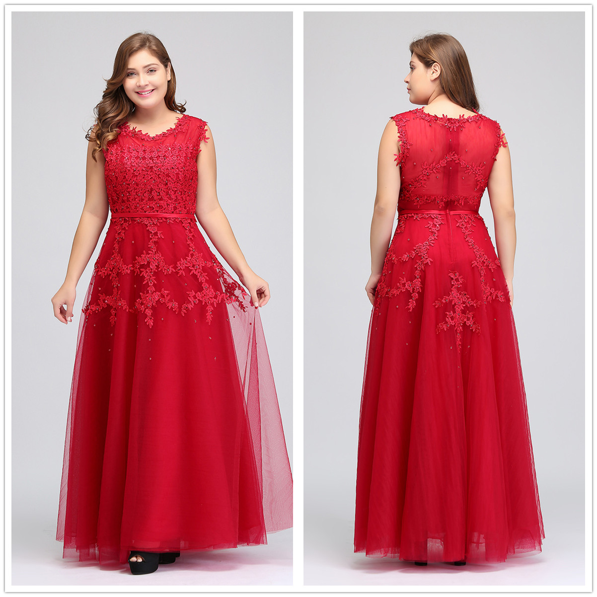 Plus Real Image Size Red Long Evening Tulle Lace Beaded Floor Length Formal Bridesmaid Dresses CPS299